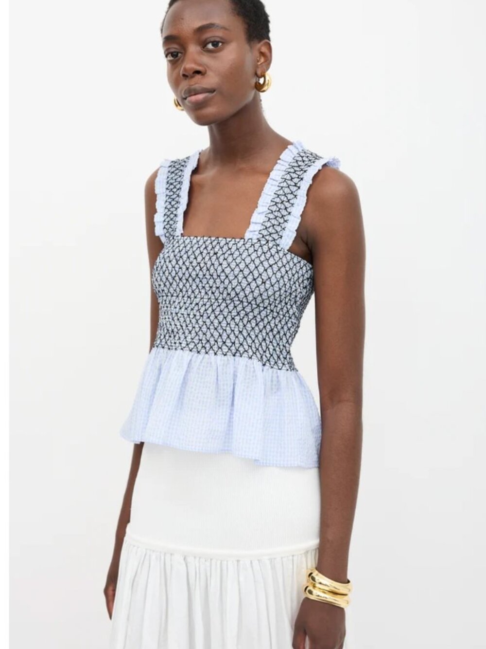 GANNI Light Blue Smocked Tank with Black Detail XS XXS EU 34